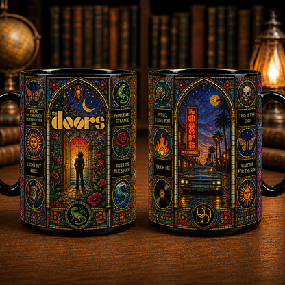 The Doors Stained Glass Black Ceramic Mug – Psychedelic Rock Coffee Mug, Colorful Music Lover Gift, The Doors Inspired Artwork