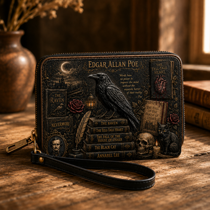 Edgar Allan Poe Gothic Raven Leather Handbag, Tote Bag and Wallet Set, Literary Horror Book Lover