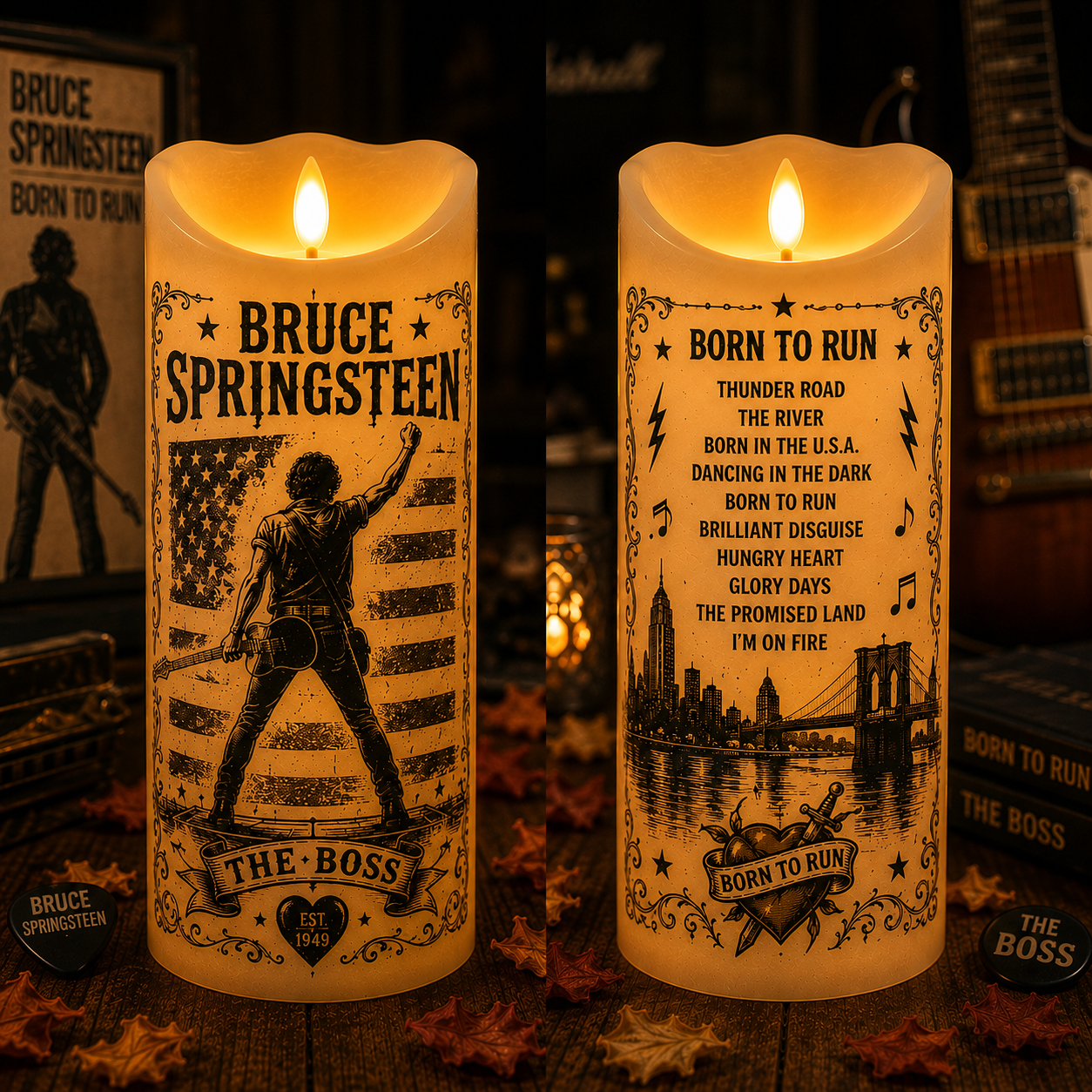 Bruce Springsteen Flameless LED Candle – Born to Run Music Candle, The Boss Rock Decor, Bruce Springsteen Fan Gift, Classic Rock Home Decoration