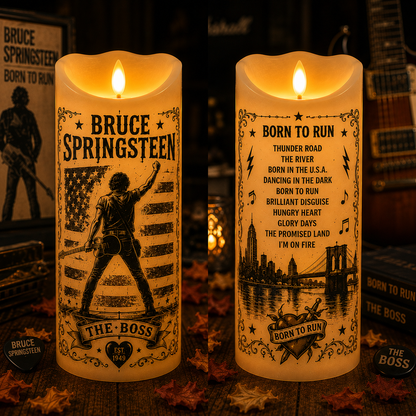 Bruce Springsteen Flameless LED Candle – Born to Run Music Candle, The Boss Rock Decor, Bruce Springsteen Fan Gift, Classic Rock Home Decoration