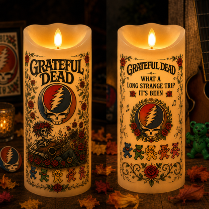 Grateful Dead Flameless LED Candle – Steal Your Face Music Candle, Skull & Roses Decor, Hippie Rock Gift, Grateful Dead Fan LED Candle