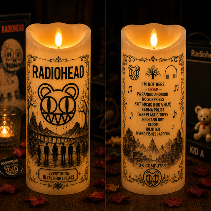Radiohead Flameless LED Candle – Everything in Its Right Place Music Candle, OK Computer & Kid A Decor, Radiohead Fan Gift, LED Home Accent
