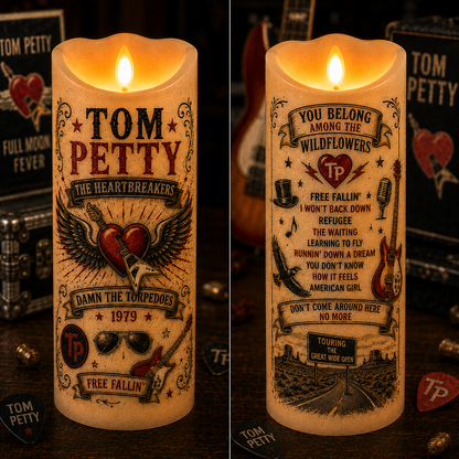 Tom Petty Flameless LED Candle – Tom Petty & The Heartbreakers LED Candle, Classic Rock Music Decor, Gift for Tom Petty Fans