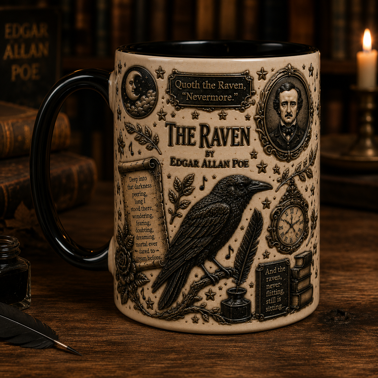 Edgar Allan Poe Raven Ceramic Mug – Gothic Coffee Mug, Nevermore Mug, The Raven Literary Gift, Dark Academia Cup