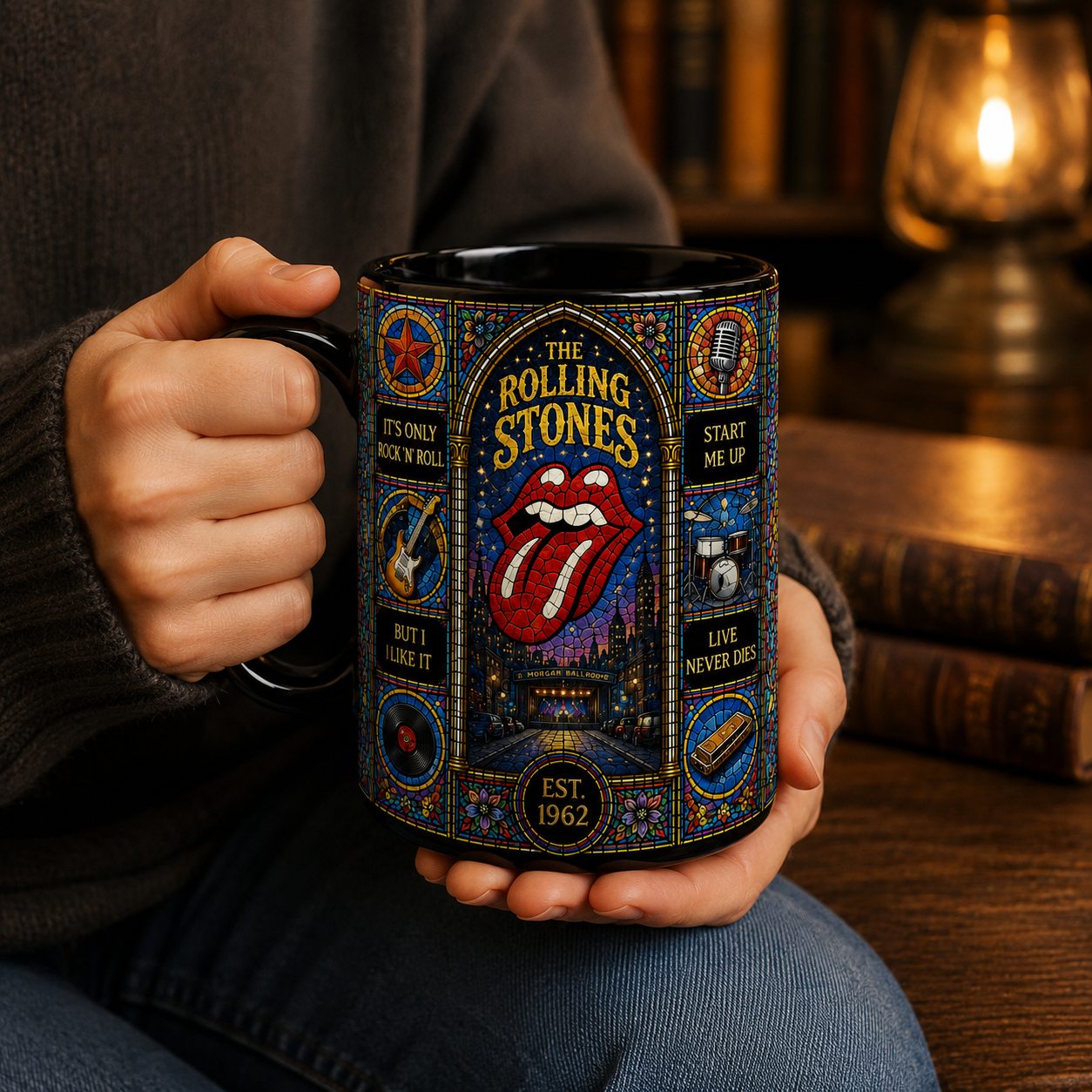 The Rolling Stones Stained Glass Ceramic Mug – Rock Band Coffee Mug, Classic Rock Gift, Rolling Stones Fan Mug