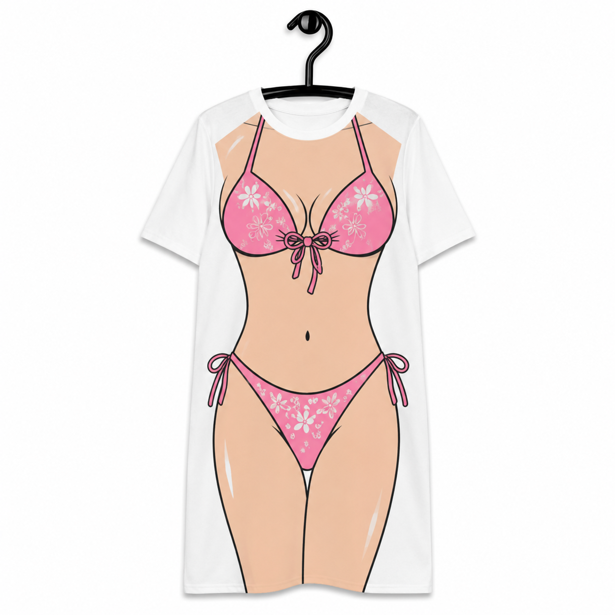 Funny Women's Fake Bikini Beach T-Shirt Dress – Novelty Swimsuit Print T-Shirt Dress, Beach Vacation Outfit, Pool Party Gift for Women
