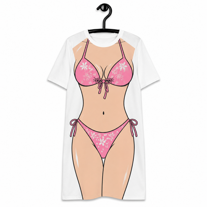 Funny Women's Fake Bikini Beach T-Shirt Dress – Novelty Swimsuit Print T-Shirt Dress, Beach Vacation Outfit, Pool Party Gift for Women