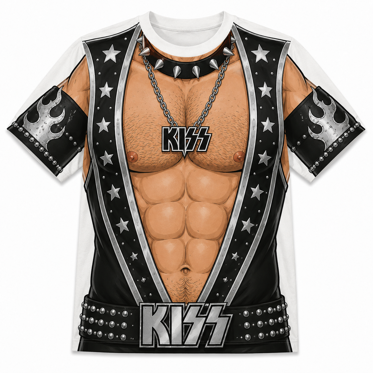 Funny KISS Fake Muscle Costume T-Shirt – Rock Band Body Illusion Tee, Novelty Concert Shirt, Heavy Metal Fan Gift