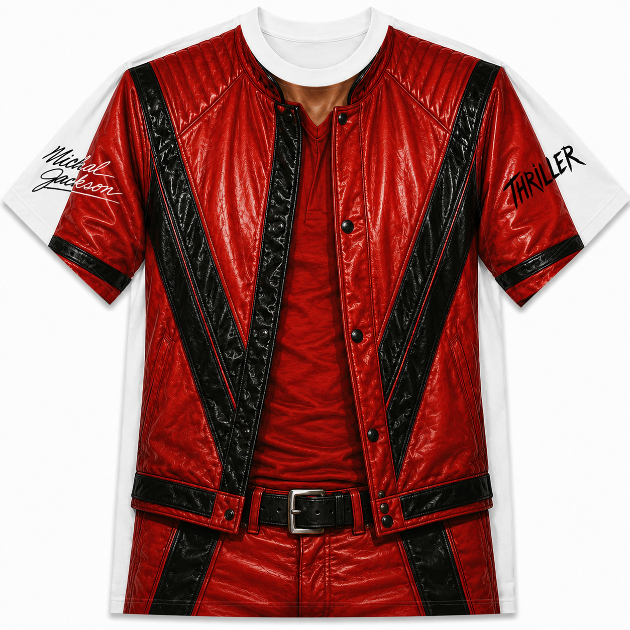 Funny Michael Jackson Thriller Costume T-Shirt – King of Pop Red Jacket Body Illusion Tee, 80s Music Fan Gift, Halloween Concert Shirt