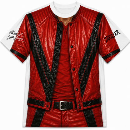 Funny Michael Jackson Thriller Costume T-Shirt – King of Pop Red Jacket Body Illusion Tee, 80s Music Fan Gift, Halloween Concert Shirt
