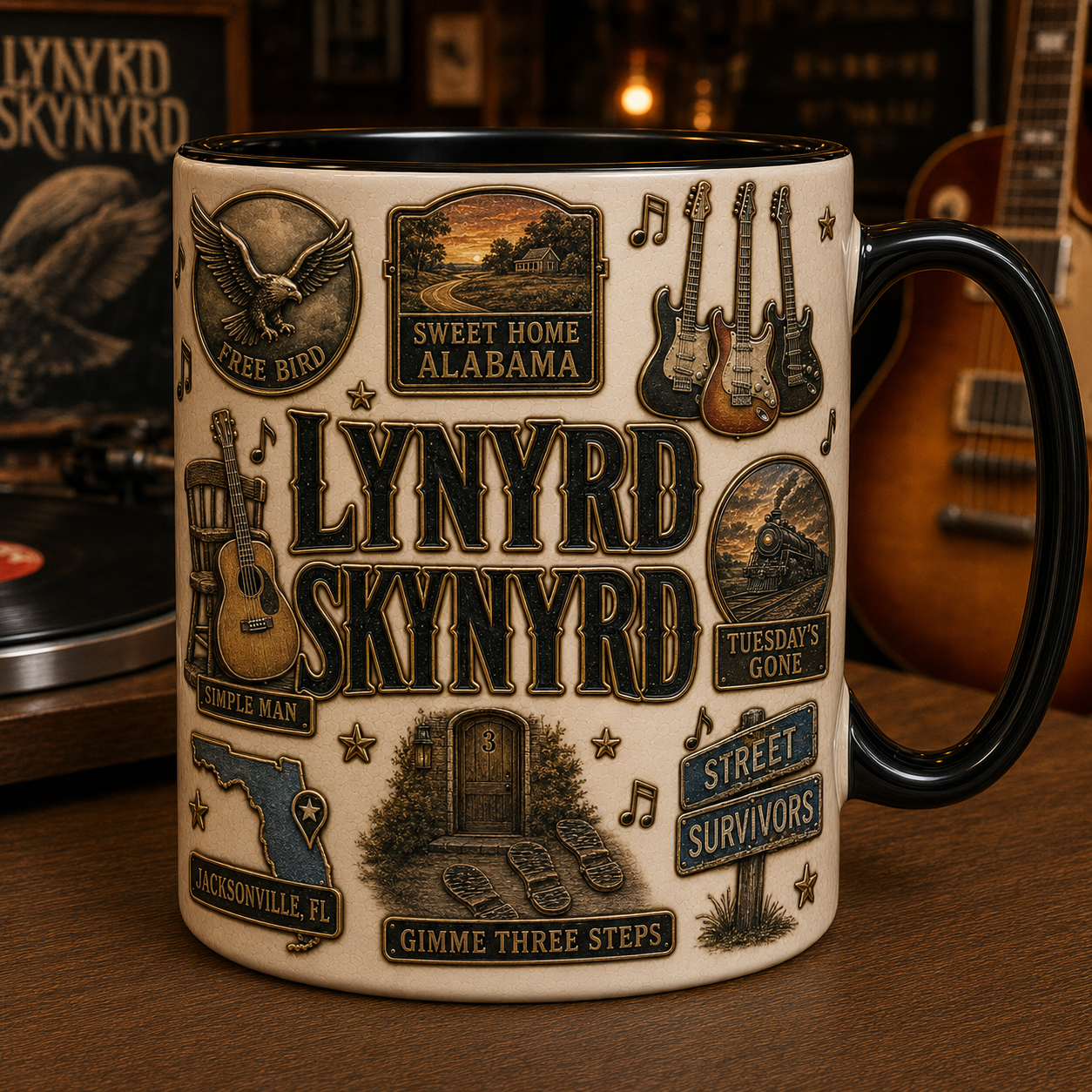 Lynyrd Skynyrd Ceramic Mug – Simple Man Three Guitars Southern Rock Fan Gift