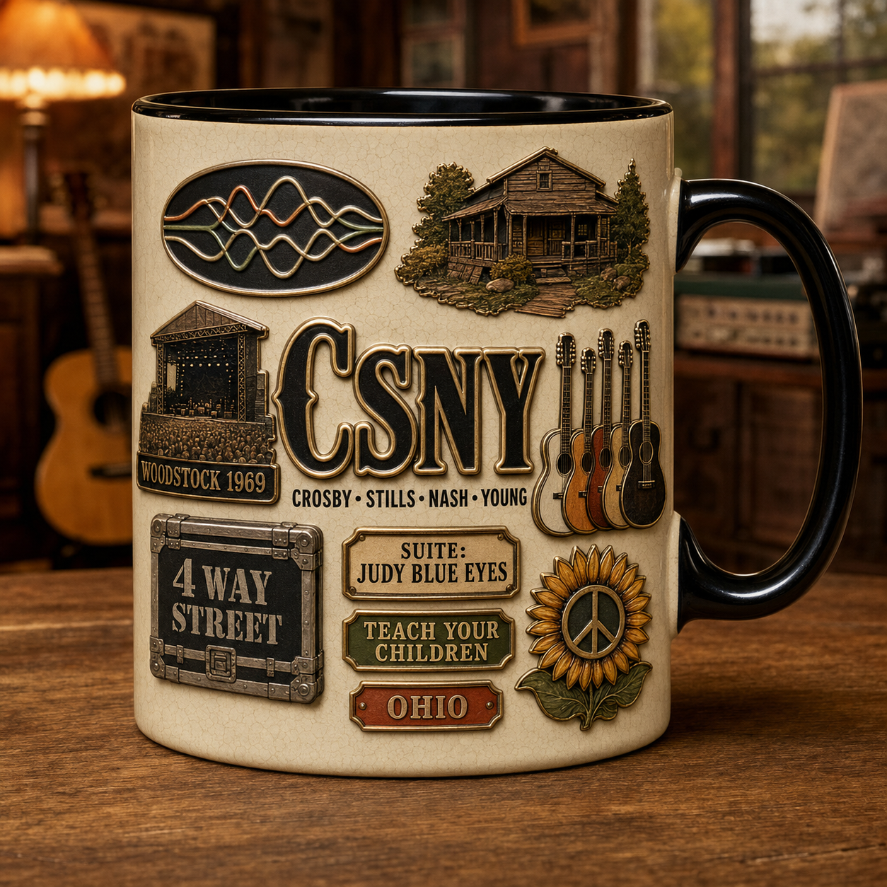 Crosby Stills Nash & Young Mug – CSNY Woodstock 1969 Vintage Ceramic Coffee Cup