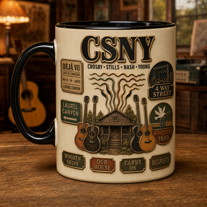 Crosby Stills Nash & Young Mug – CSNY Woodstock 1969 Vintage Ceramic Coffee Cup