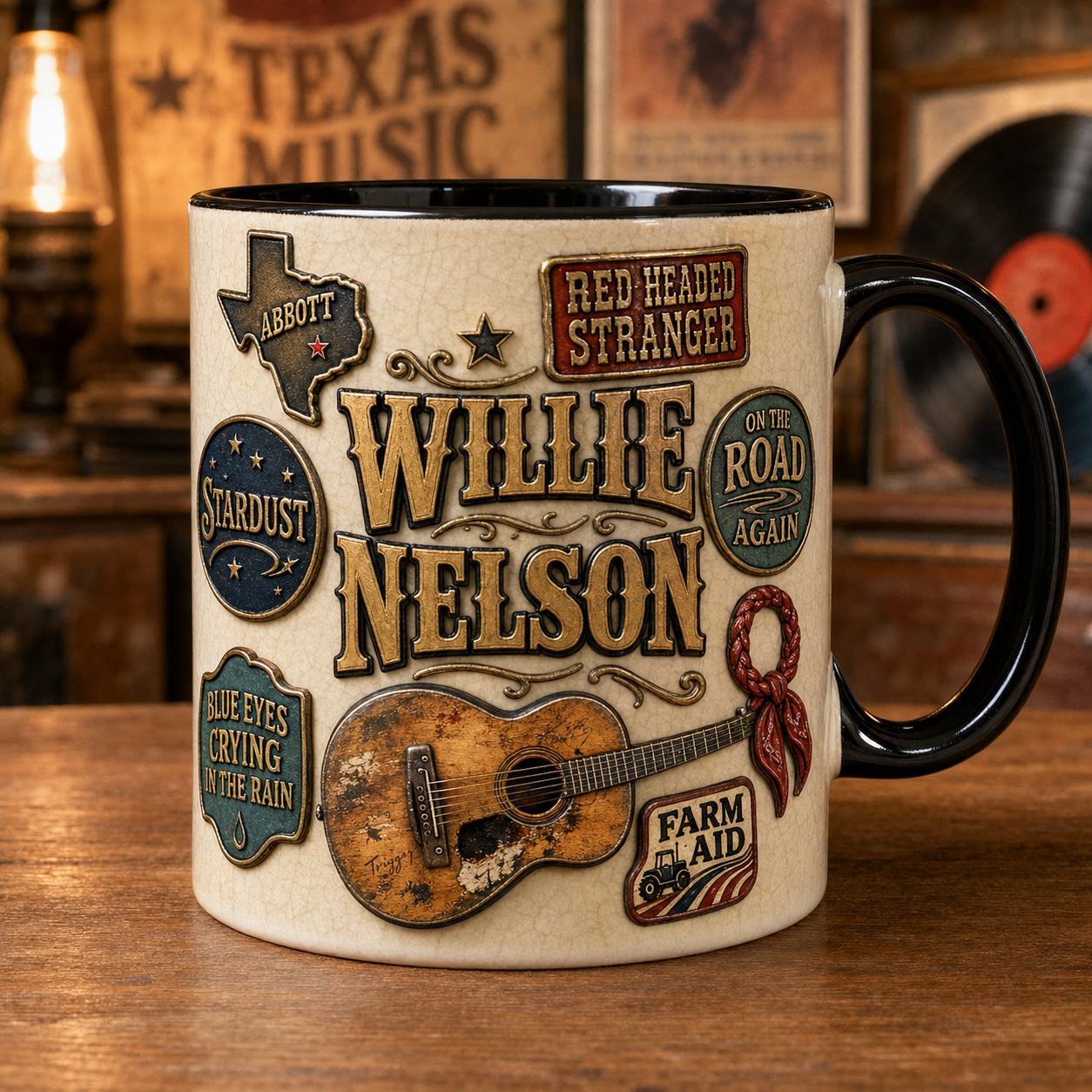 Willie Nelson Ceramic Mug – On The Road Again Trigger Guitar Ceramic Coffee Cup