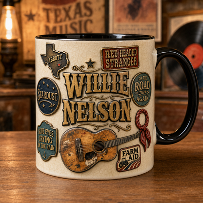 Willie Nelson Ceramic Mug – On The Road Again Trigger Guitar Ceramic Coffee Cup