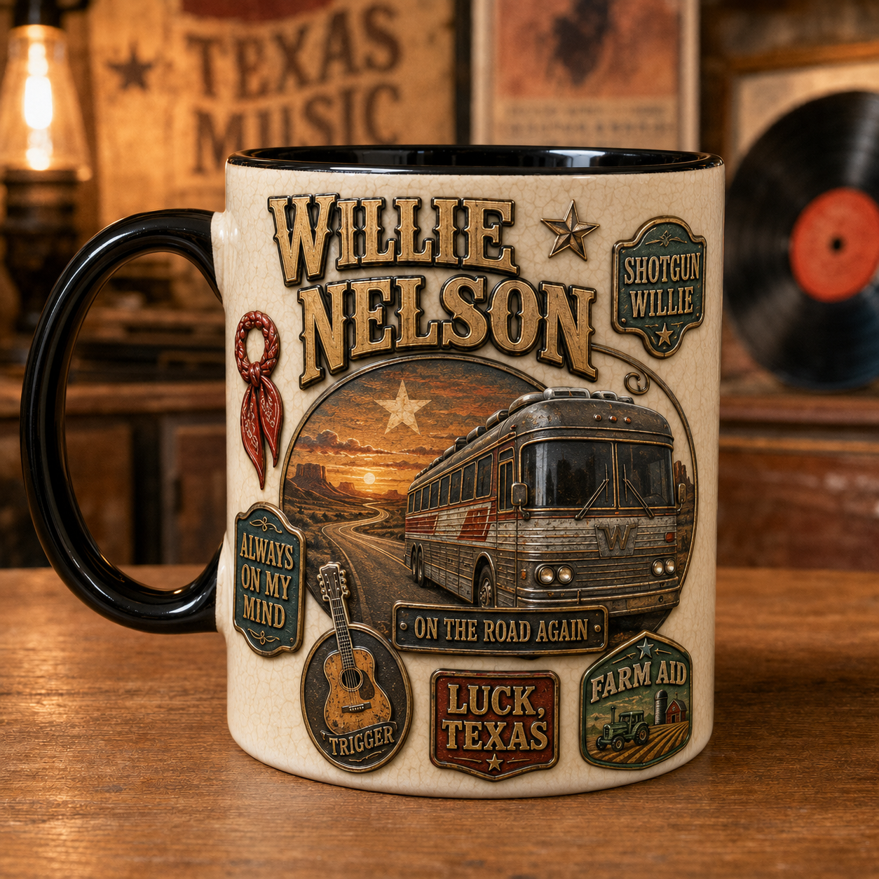 Willie Nelson Ceramic Mug – On The Road Again Trigger Guitar Ceramic Coffee Cup