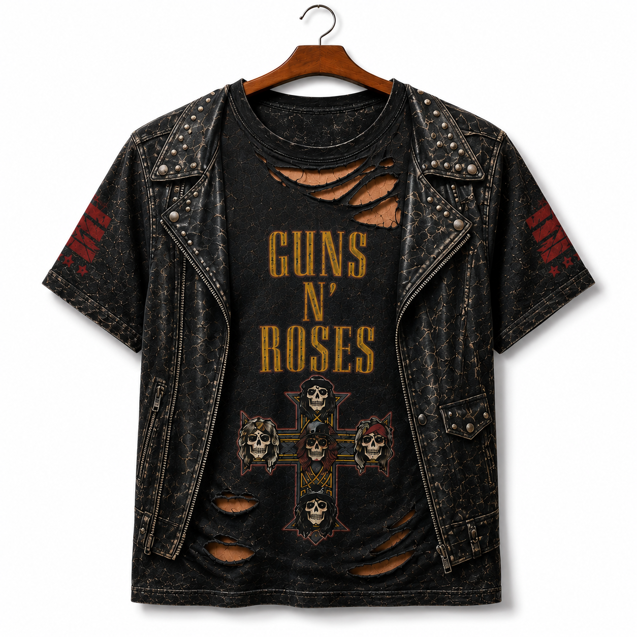 Guns N' Roses 3D All Over Print T-Shirt – Distressed Rock Band Costume Tee, Slash Inspired Leather Vest Graphic Shirt, Classic Rock Fan Gift