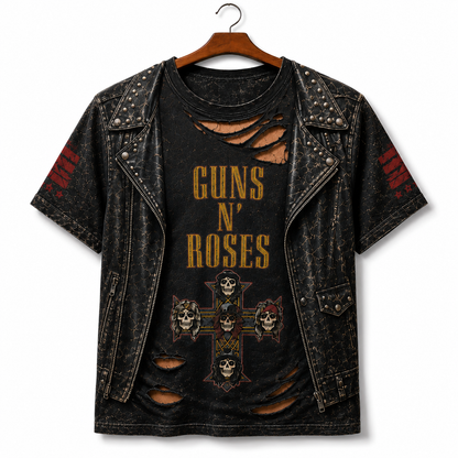Guns N' Roses 3D All Over Print T-Shirt – Distressed Rock Band Costume Tee, Slash Inspired Leather Vest Graphic Shirt, Classic Rock Fan Gift