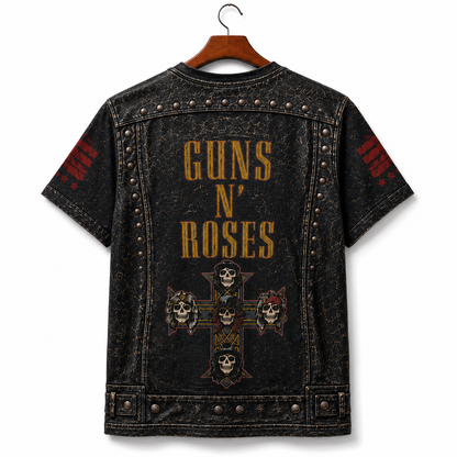 Guns N' Roses 3D All Over Print T-Shirt – Distressed Rock Band Costume Tee, Slash Inspired Leather Vest Graphic Shirt, Classic Rock Fan Gift