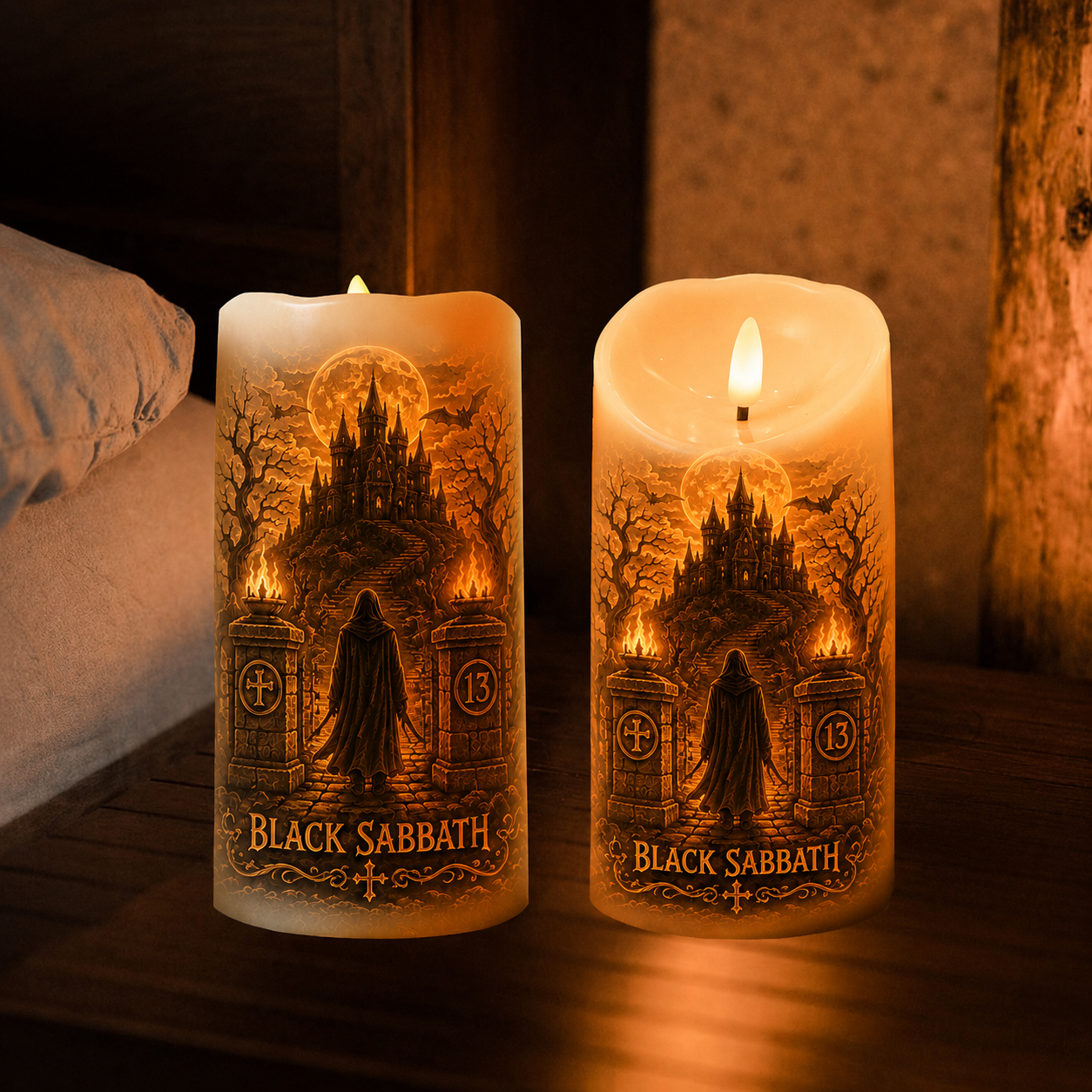 Black Sabbath LED Flameless Candle – Gothic Castle Halloween Candle, Heavy Metal Ambient Pillar Candle, Spooky Home Decor Gift
