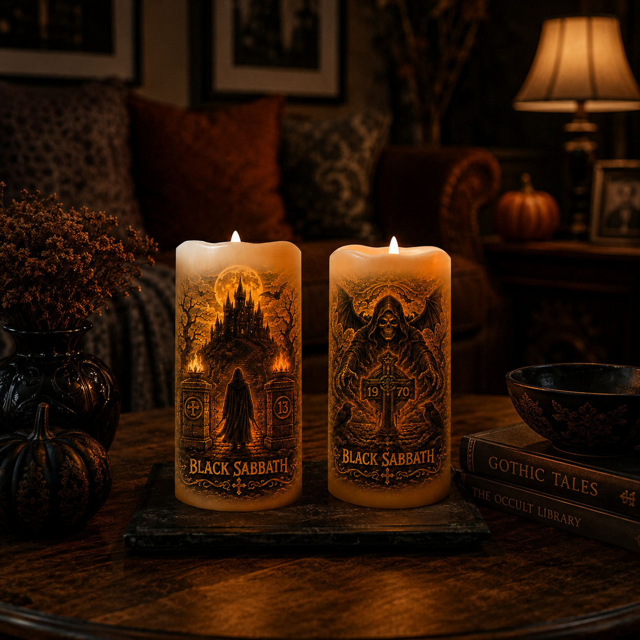 Black Sabbath LED Flameless Candle – Gothic Castle Halloween Candle, Heavy Metal Ambient Pillar Candle, Spooky Home Decor Gift