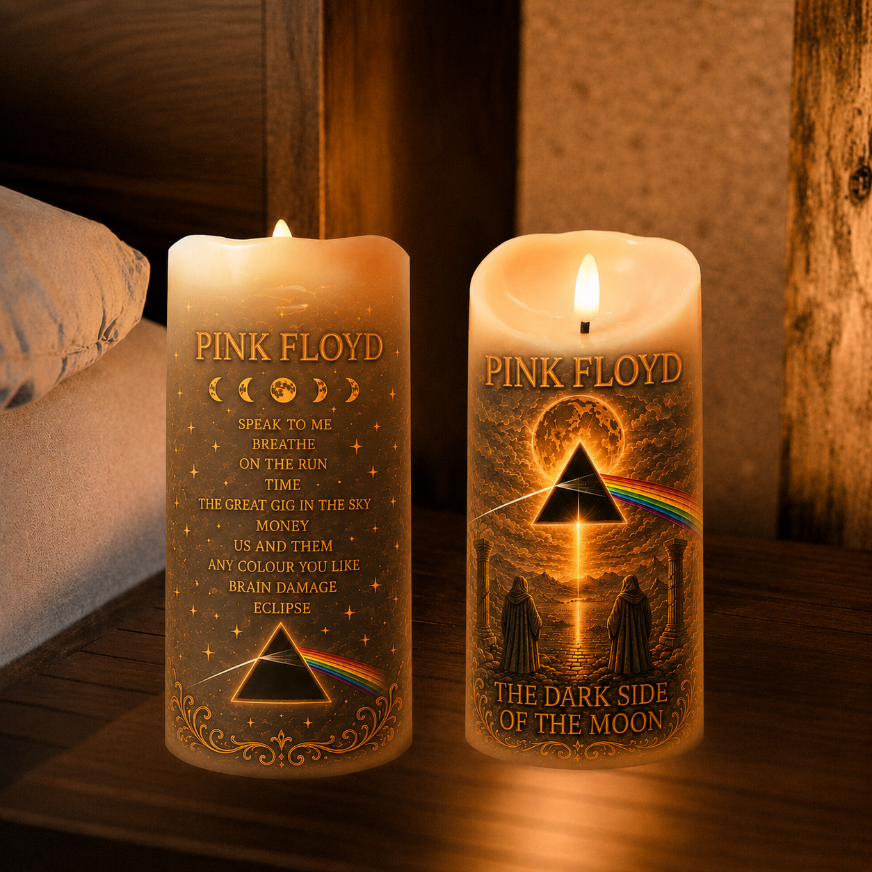 Pink Floyd LED Flameless Candle – Dark Side of the Moon Halloween Candle, Gothic Rock Decor, Ambient Flameless Pillar Candle