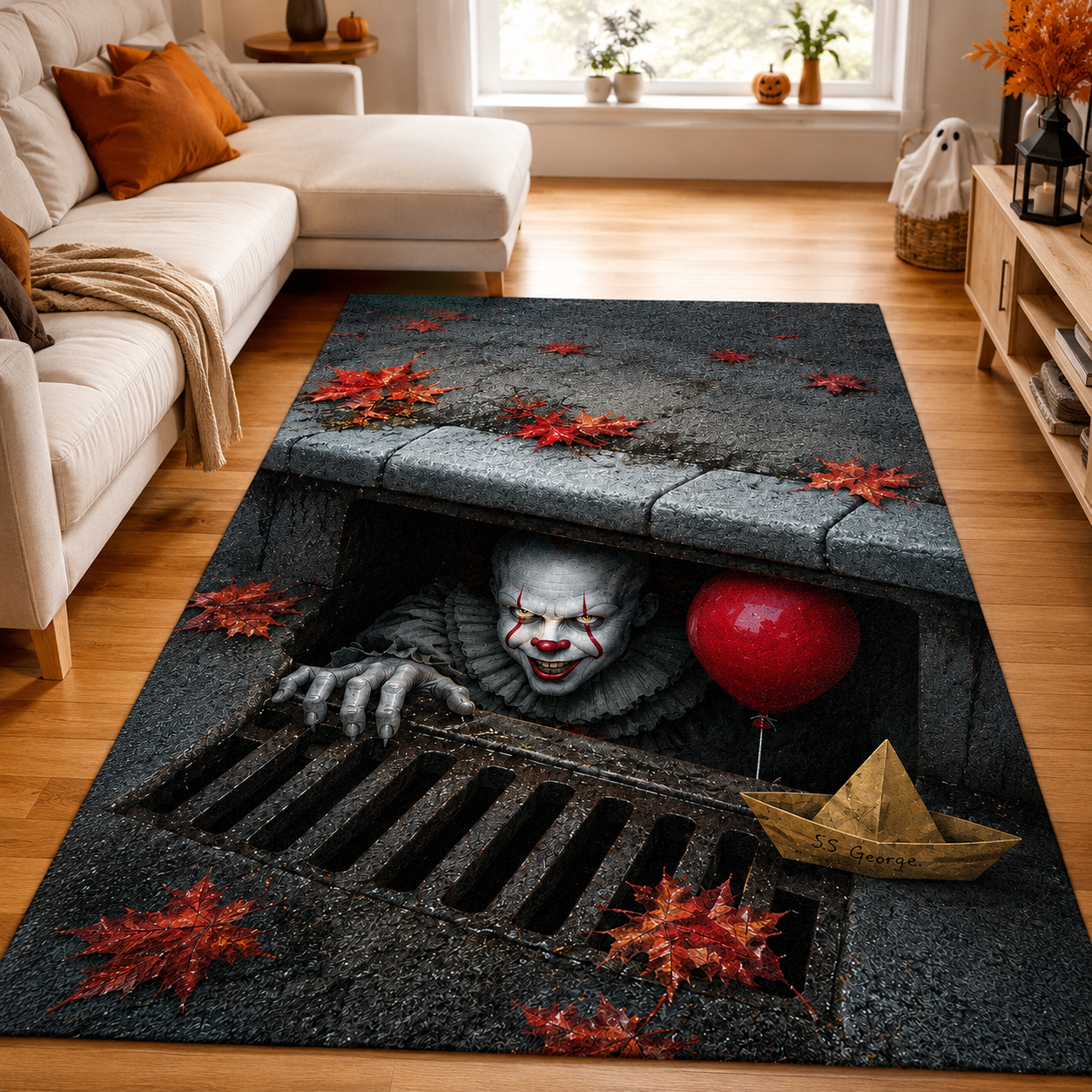IT Pennywise 3D Halloween Area Rug – Creepy Horror Clown Non-Slip Floor Mat for Living Room, Bedroom & Halloween Decor