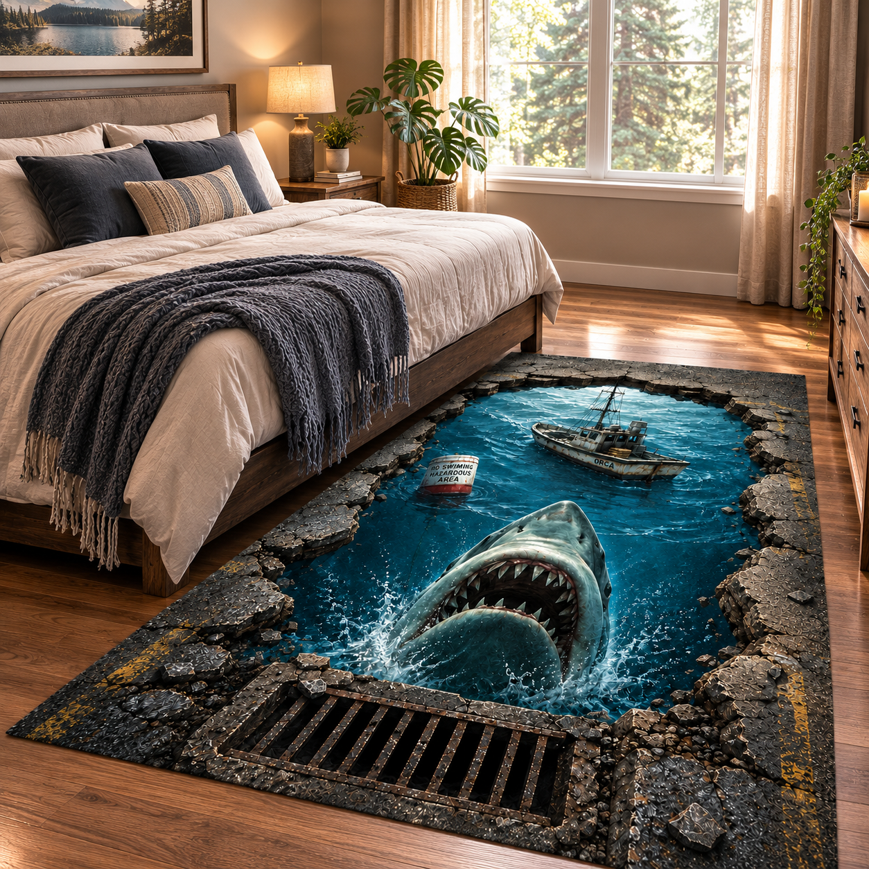 Jaws ORCA Shark 3D Area Rug – Horror Movie Ocean Scene Non-Slip Floor Mat for Living Room, Bedroom & Halloween Decor