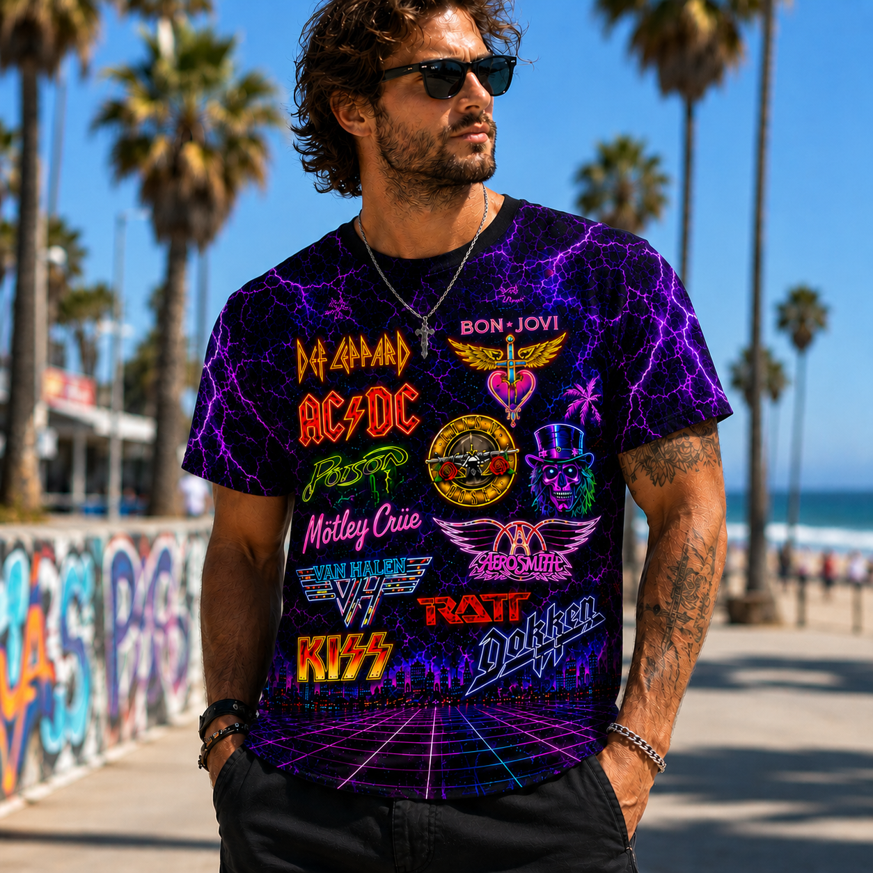 80s Rock Band Legends Graphic Tee – All-Over Print Electric Lightning Streetwear Shirt