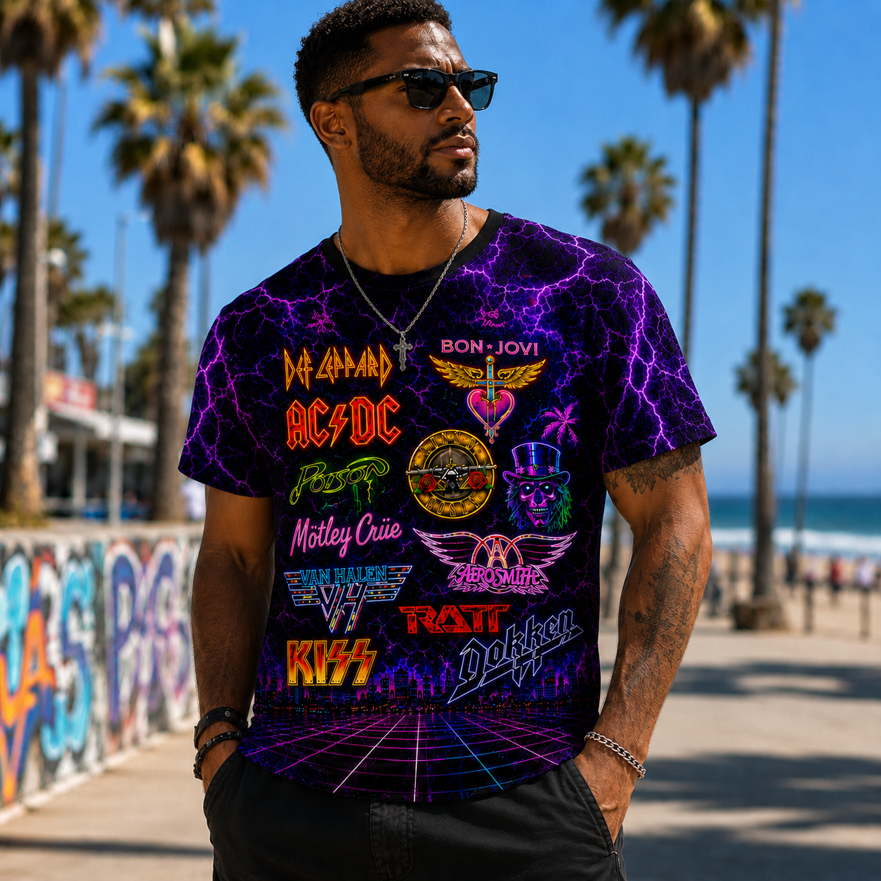 80s Rock Band Legends Graphic Tee – All-Over Print Electric Lightning Streetwear Shirt