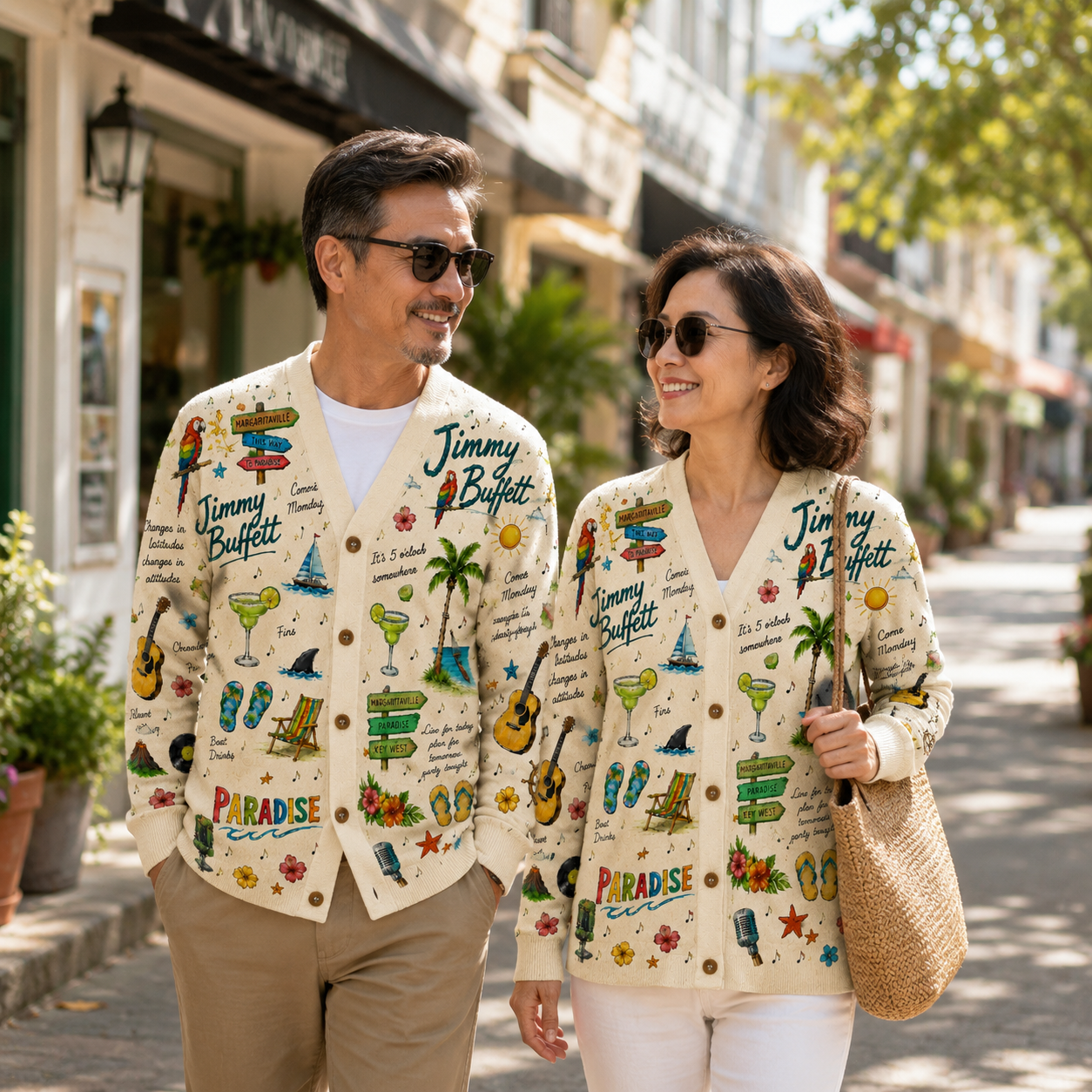 Jimmy Buffett Tropical Cardigan – Margaritaville Hawaiian Beach Button-Up Knit Sweater for Parrotheads & Island Music Fans