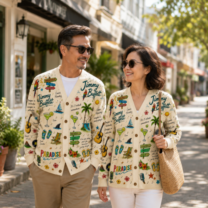 Jimmy Buffett Tropical Cardigan – Margaritaville Hawaiian Beach Button-Up Knit Sweater for Parrotheads & Island Music Fans