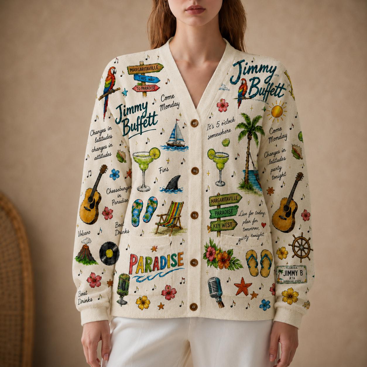 Jimmy Buffett Tropical Cardigan – Margaritaville Hawaiian Beach Button-Up Knit Sweater for Parrotheads & Island Music Fans
