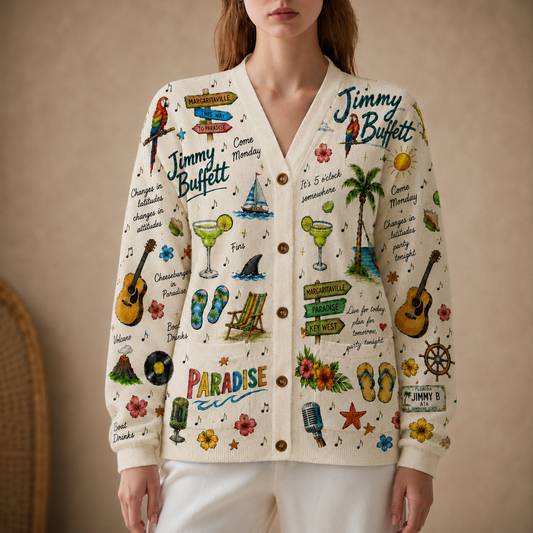 Jimmy Buffett Tropical Cardigan – Margaritaville Hawaiian Beach Button-Up Knit Sweater for Parrotheads & Island Music Fans