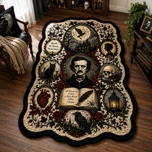 Edgar Allan Poe Gothic Area Rug – Vintage Raven Horror Rug, Literary Halloween Home Decor