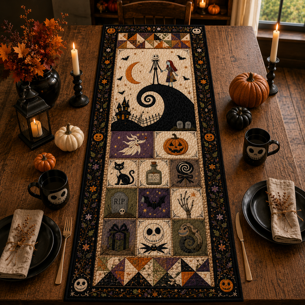 Nightmare Before Christmas Halloween Table Runner – Jack & Sally Patchwork Table Runner, Spooky Gothic Fall Dining Decor
