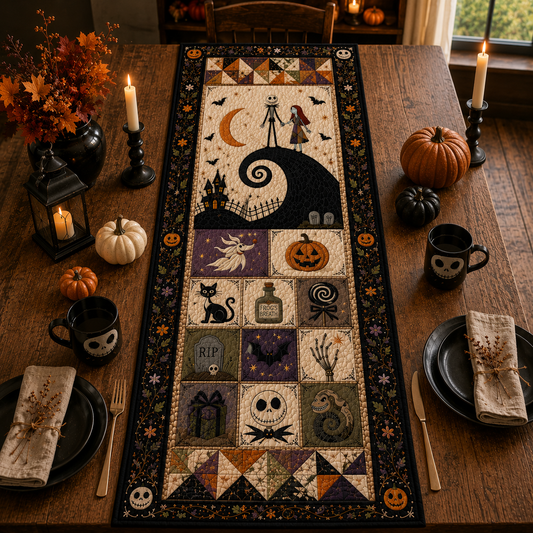 Nightmare Before Christmas Halloween Table Runner – Jack & Sally Patchwork Table Runner, Spooky Gothic Fall Dining Decor