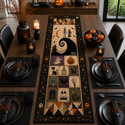 Nightmare Before Christmas Halloween Table Runner – Jack & Sally Patchwork Table Runner, Spooky Gothic Fall Dining Decor