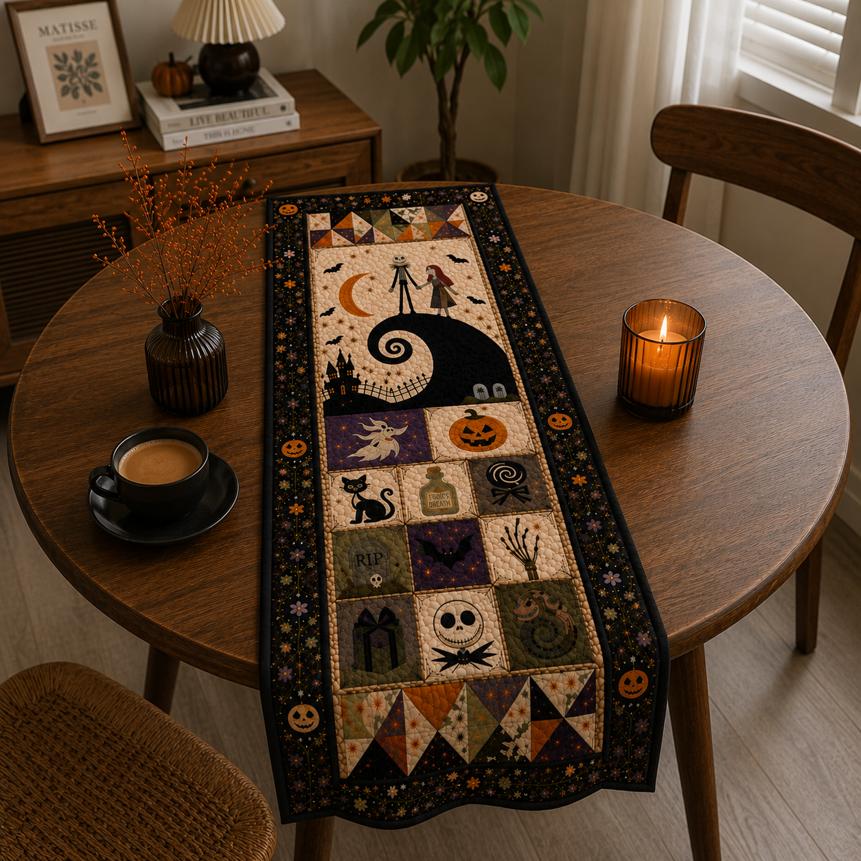 Nightmare Before Christmas Halloween Table Runner – Jack & Sally Patchwork Table Runner, Spooky Gothic Fall Dining Decor