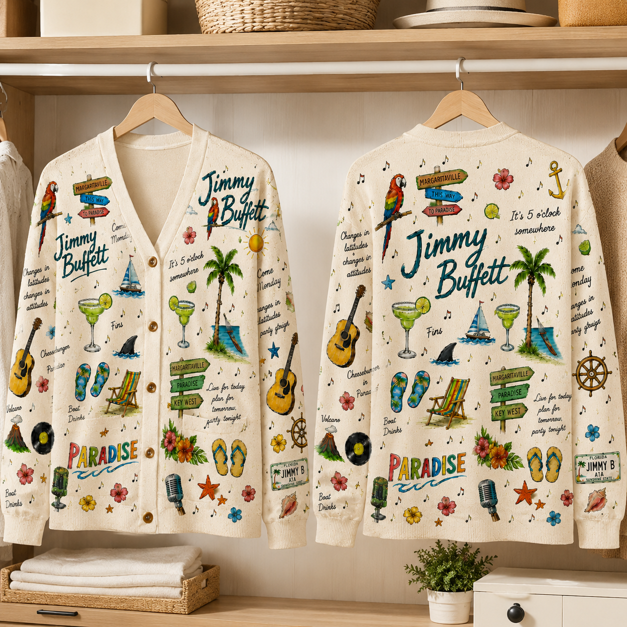 Jimmy Buffett Tropical Cardigan – Margaritaville Hawaiian Beach Button-Up Knit Sweater for Parrotheads & Island Music Fans