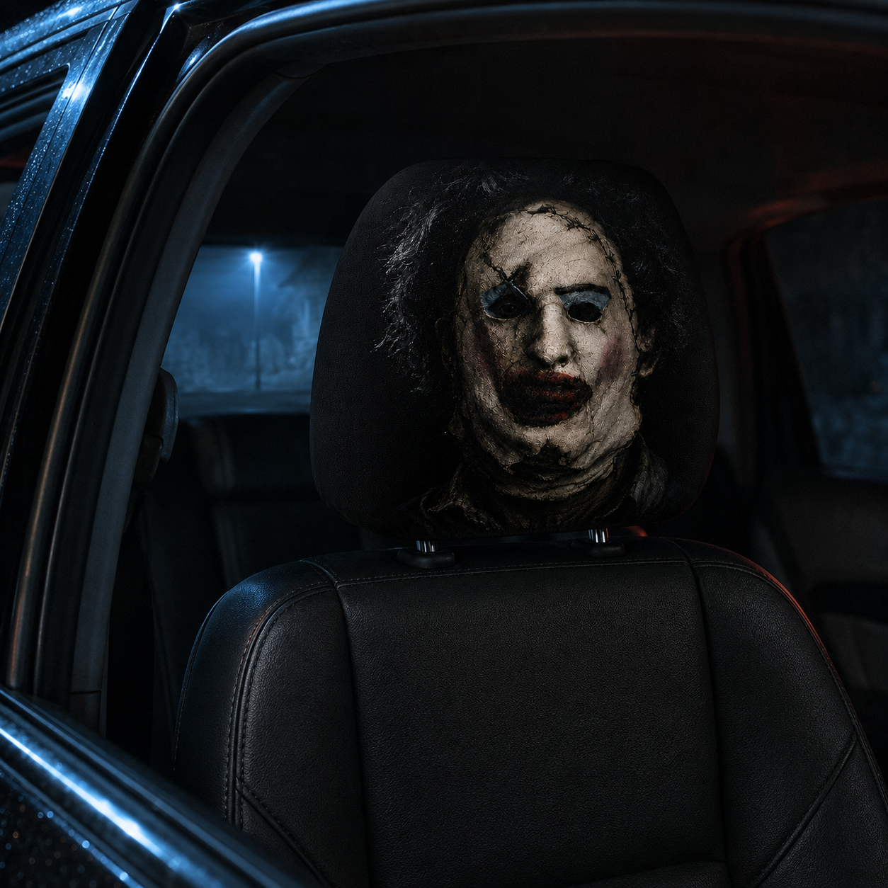 Leatherface Horror Car Headrest Cover – Spooky Horror Halloween Car Accessory