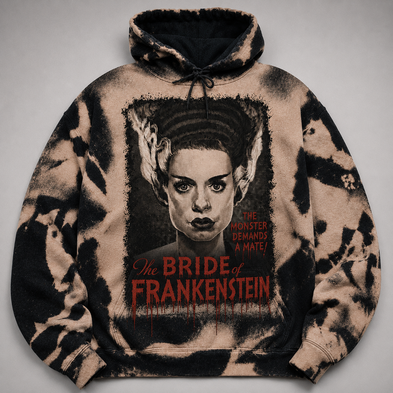 Bride of Frankenstein Bleached Graphic Hoodie - Gothic Horror Movie Streetwear