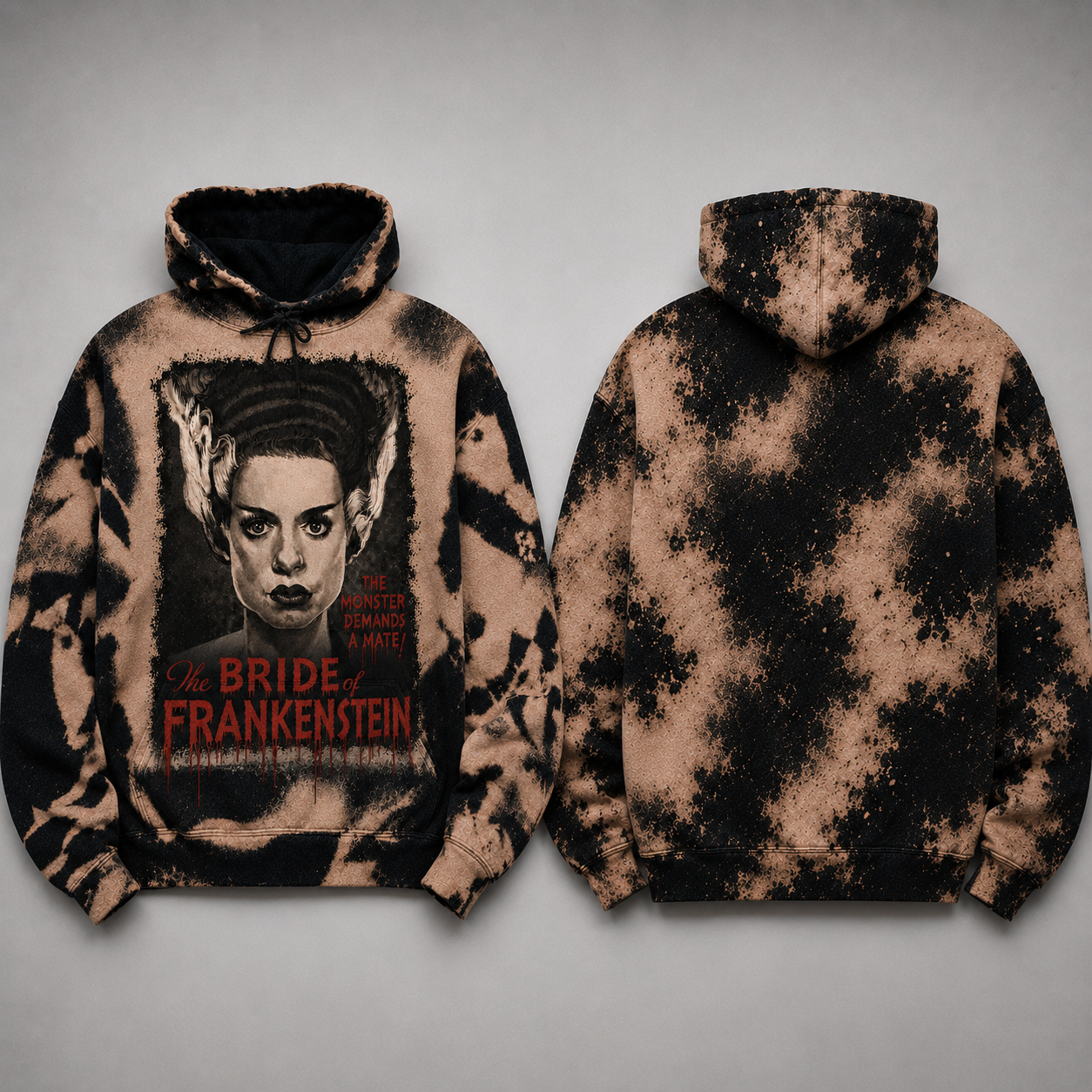Bride of Frankenstein Bleached Graphic Hoodie - Gothic Horror Movie Streetwear
