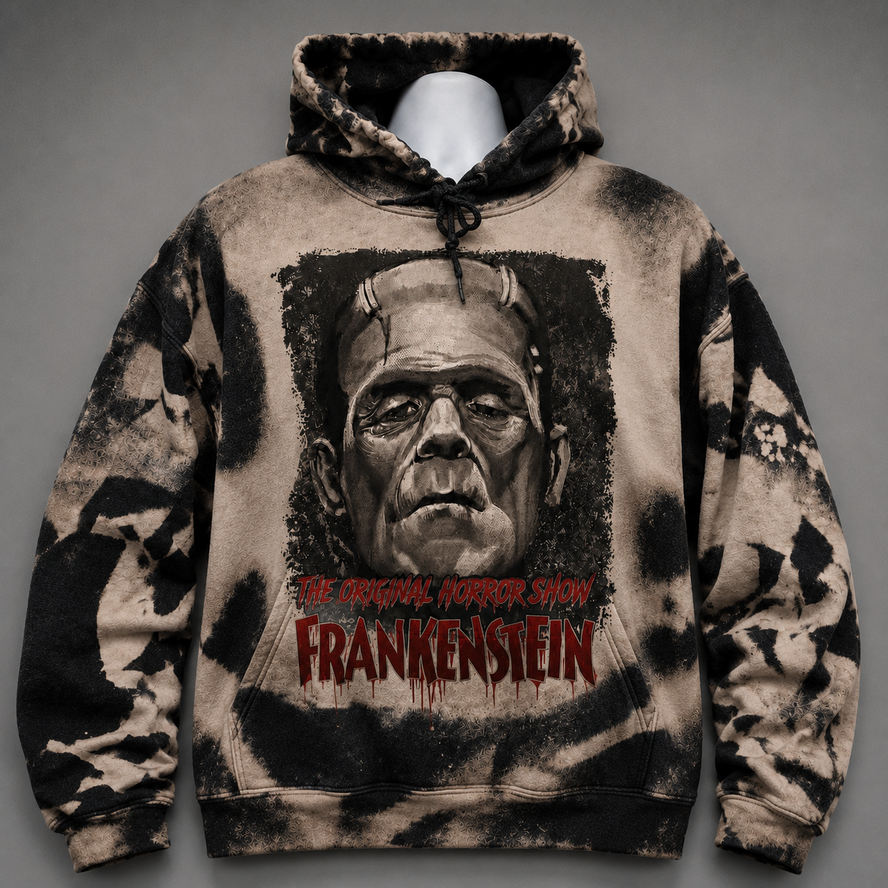 Frankenstein Monster Bleached Graphic Hoodie - Bleached Acid Wash Sweatshirt