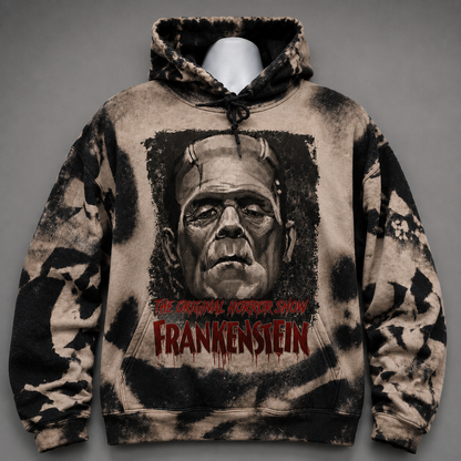 Frankenstein Monster Bleached Graphic Hoodie - Bleached Acid Wash Sweatshirt