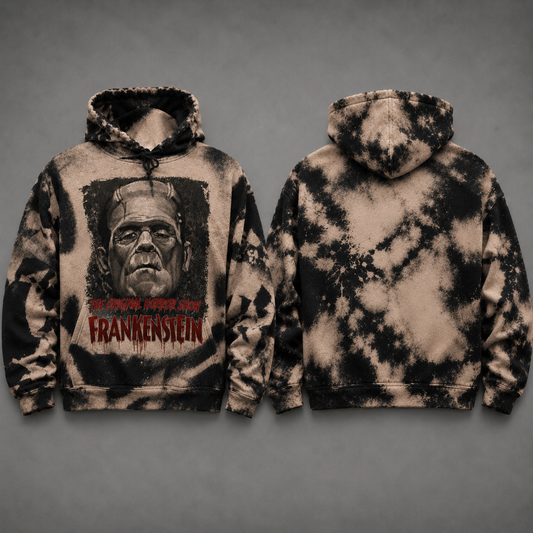 Frankenstein Monster Bleached Graphic Hoodie - Bleached Acid Wash Sweatshirt