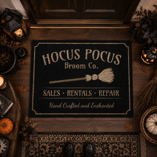 Hocus Pocus Broom Co Doormat - Enchanted Witchy Halloween Outdoor Welcome Mat