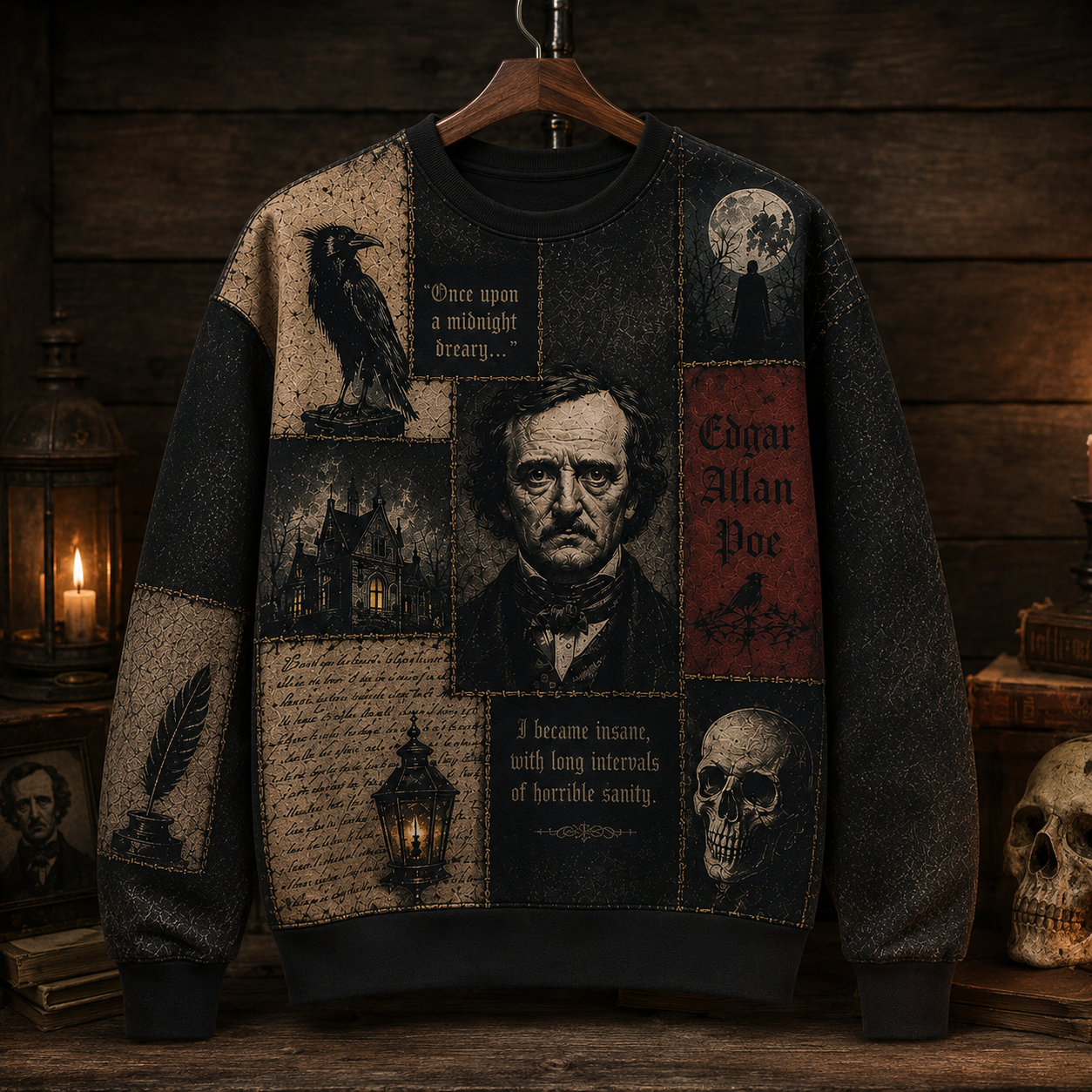 Edgar Allan Poe Patchwork Sweatshirt - Dark Academia Gothic Literature Crewneck