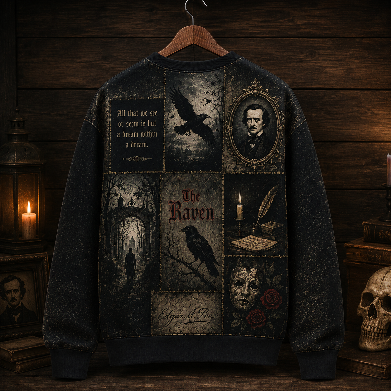 Edgar Allan Poe Patchwork Sweatshirt - Dark Academia Gothic Literature Crewneck