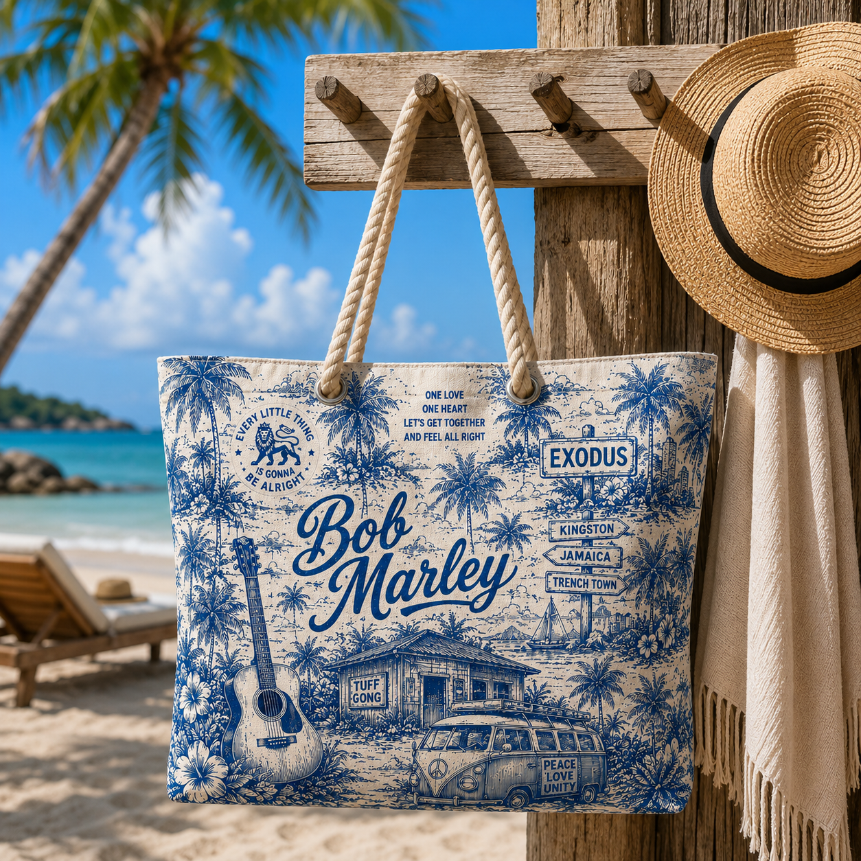 Bob Marley Beach Tote Bag – Retro Tropical Canvas Shoulder Bag With Rope Handle